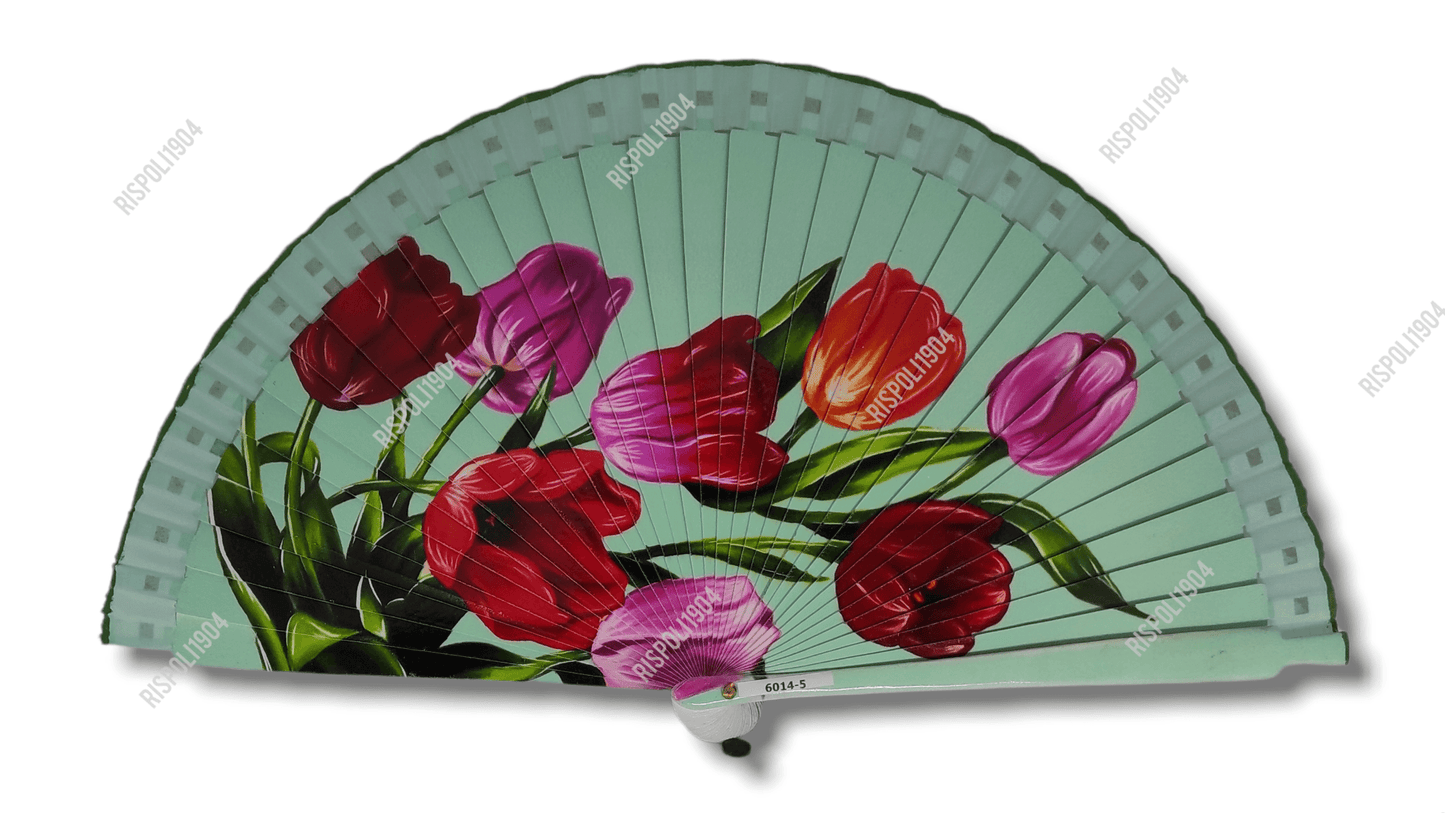 Ventaglio in legno stampa digitale tulipani. Apertura 42 cm. #6014-5 - Merceria Rispoli