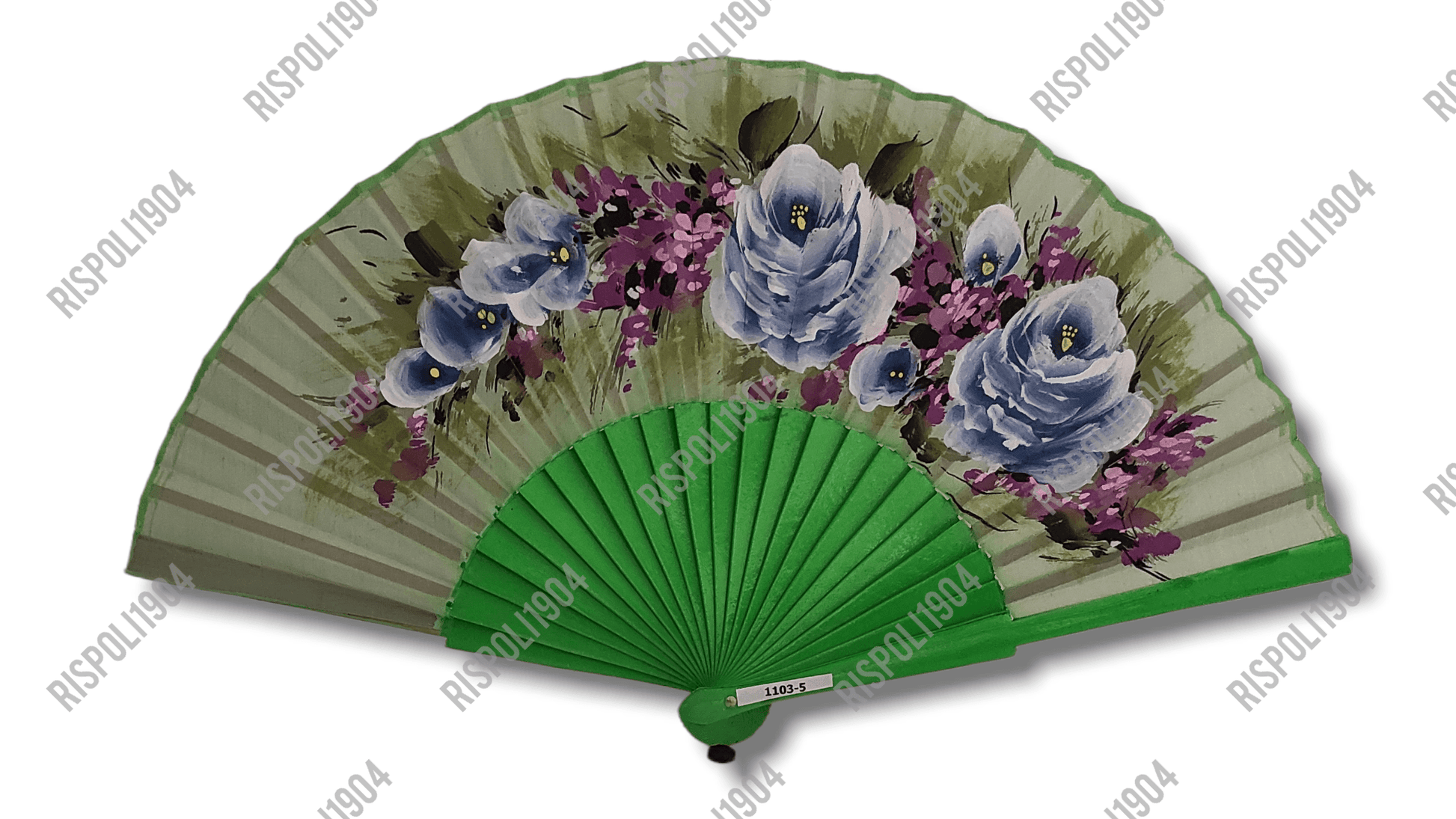 Ventaglio in legno e tessuto con fiori dipinti a mano. Apertura 42 cm. #1103-5 - Merceria Rispoli